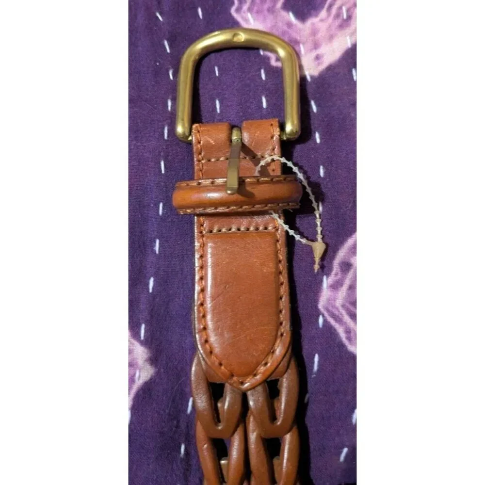 Size 42 Brighton Mens Leather Braided Woven Leather Belt Brown Solid Brass